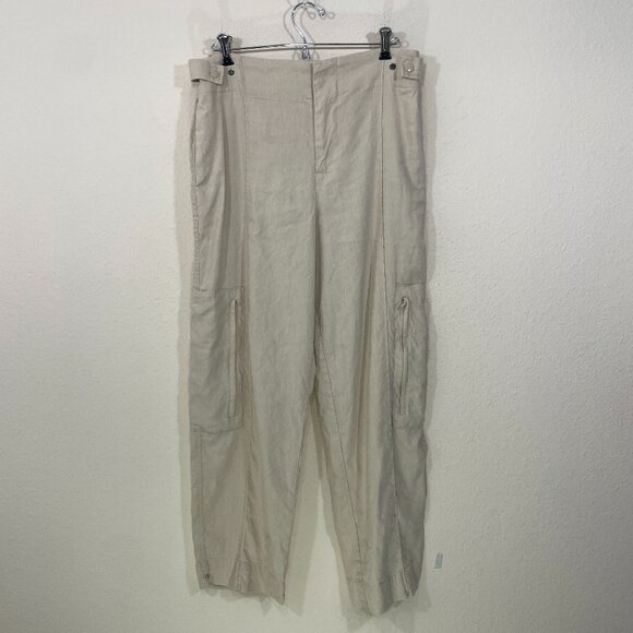Jason Wu Pants Women's Large Wide‎ Leg Linen Blend Beige Cargo Pockets High Rise - Picture 1 of 6